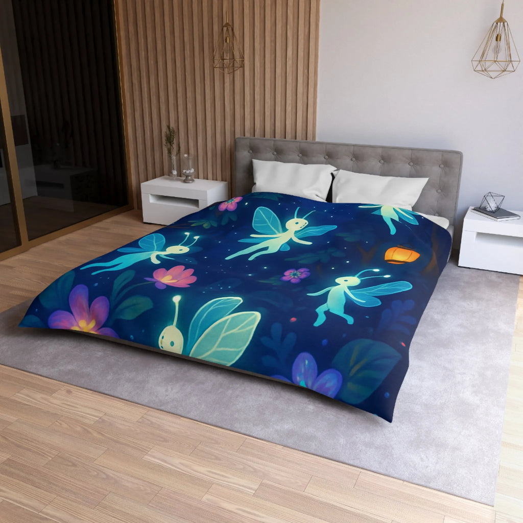 Housse de couette féérique avec lutins lumineux et fleurs dans une forêt enchantée