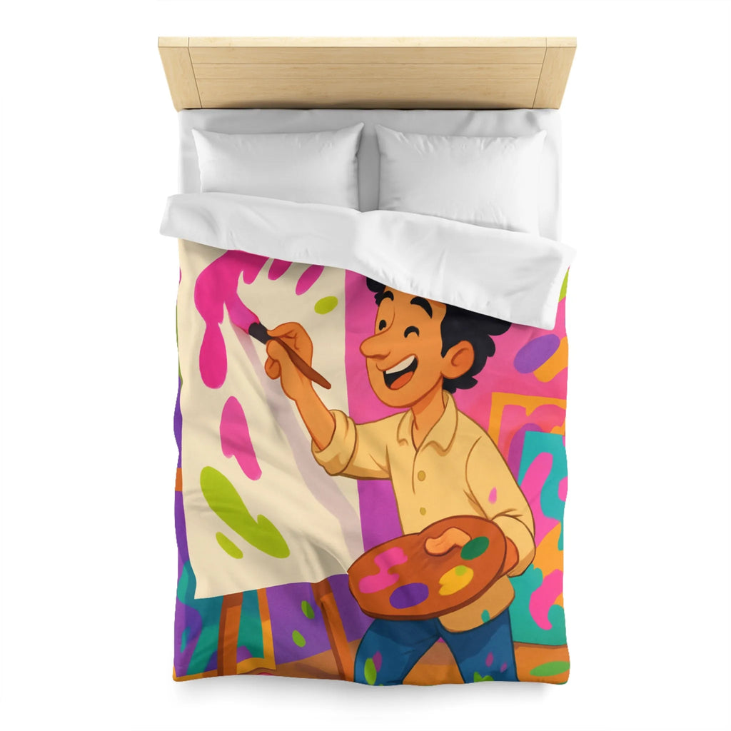 Housse de couette colorée avec artiste joyeux peignant des éclaboussures lumineuses abstraites