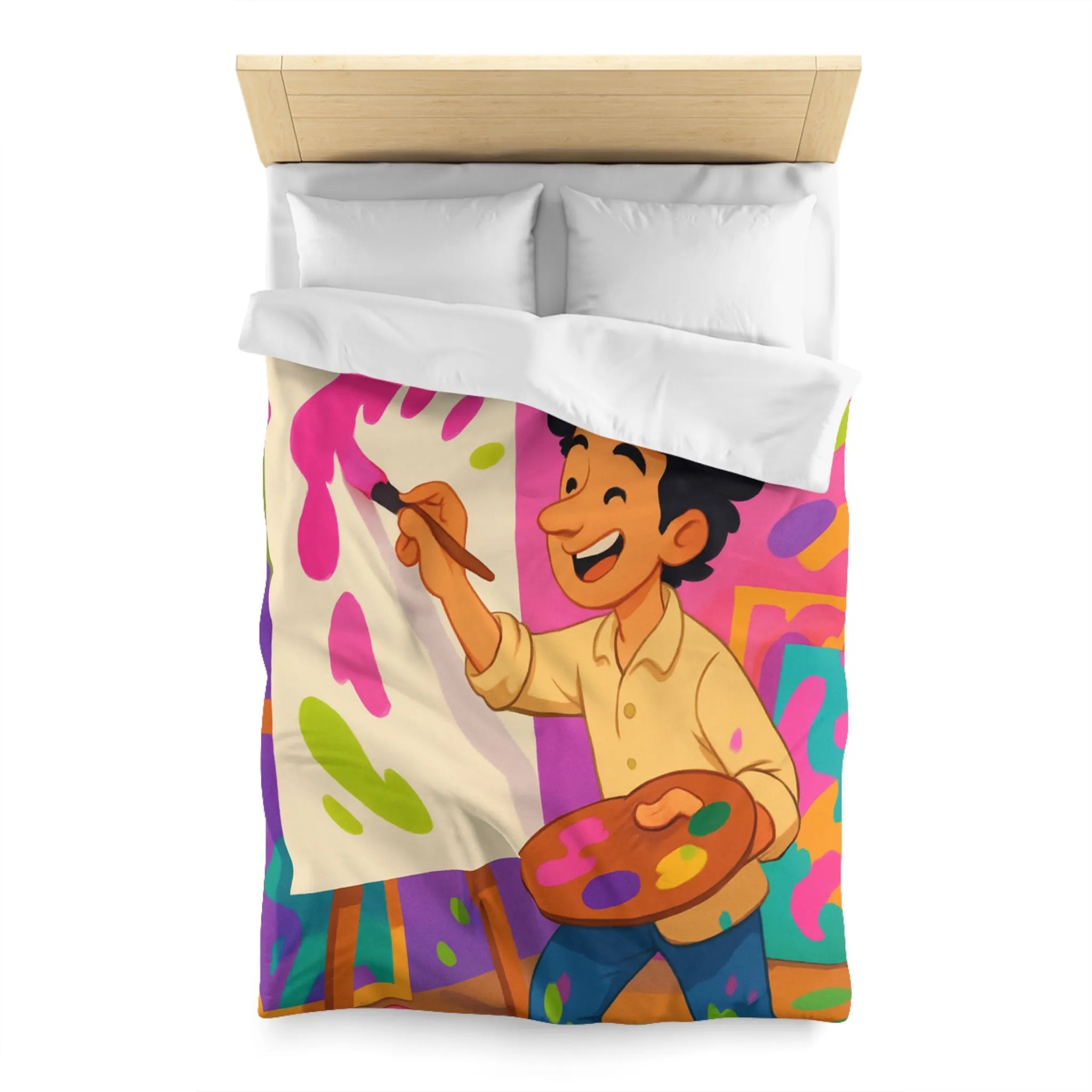 Housse de couette colorée avec artiste joyeux peignant des éclaboussures lumineuses abstraites