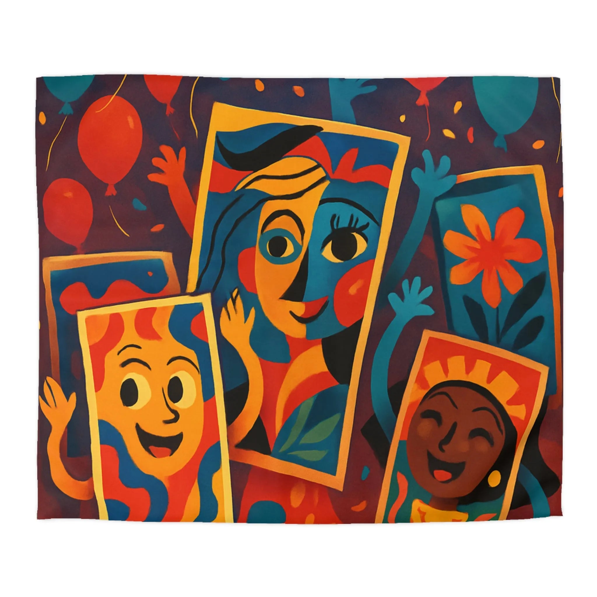 Housse de couette colorée comics avec motifs de fête et personnages joyeux