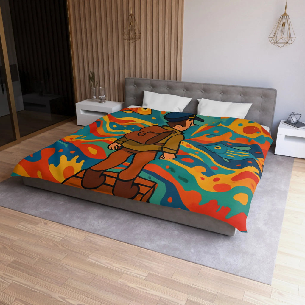 Housse de couette avec motif coloré de poisson marin et vagues abstraites colorées