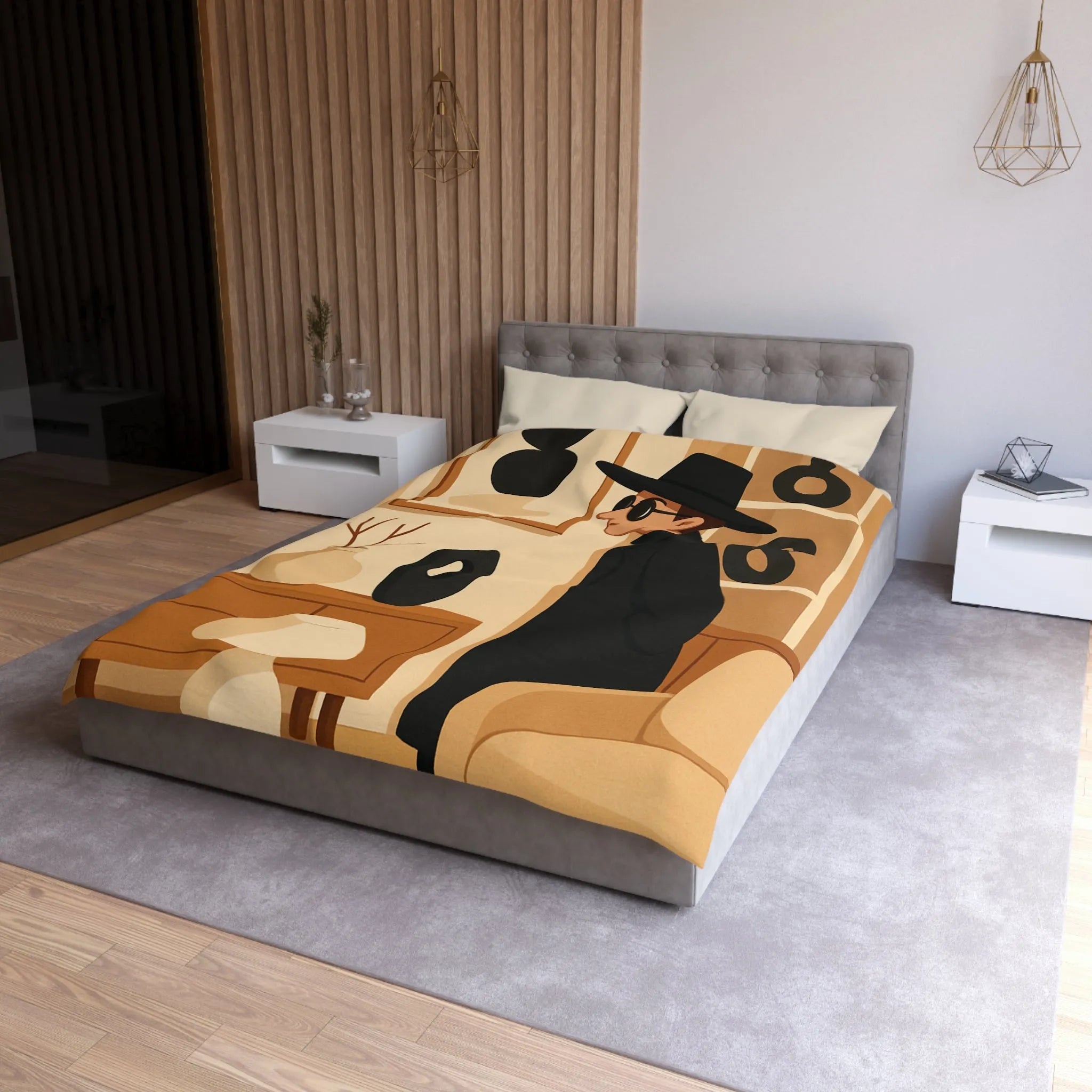 Élégant homme en noir dans salon moderne minimaliste aux accents artistiques abstraits