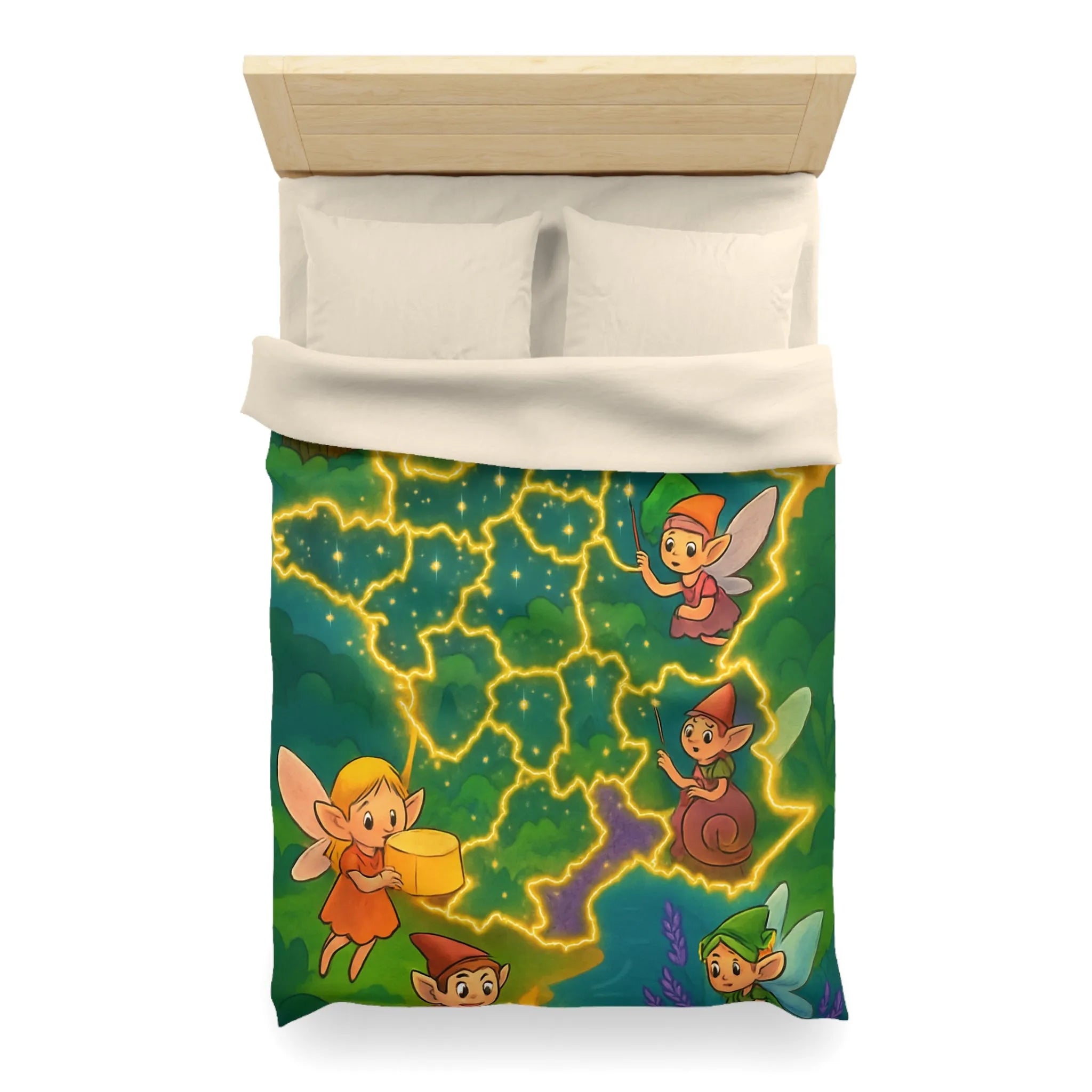 Housse de couette illustrée avec fées et lutins en carte de France enchantée