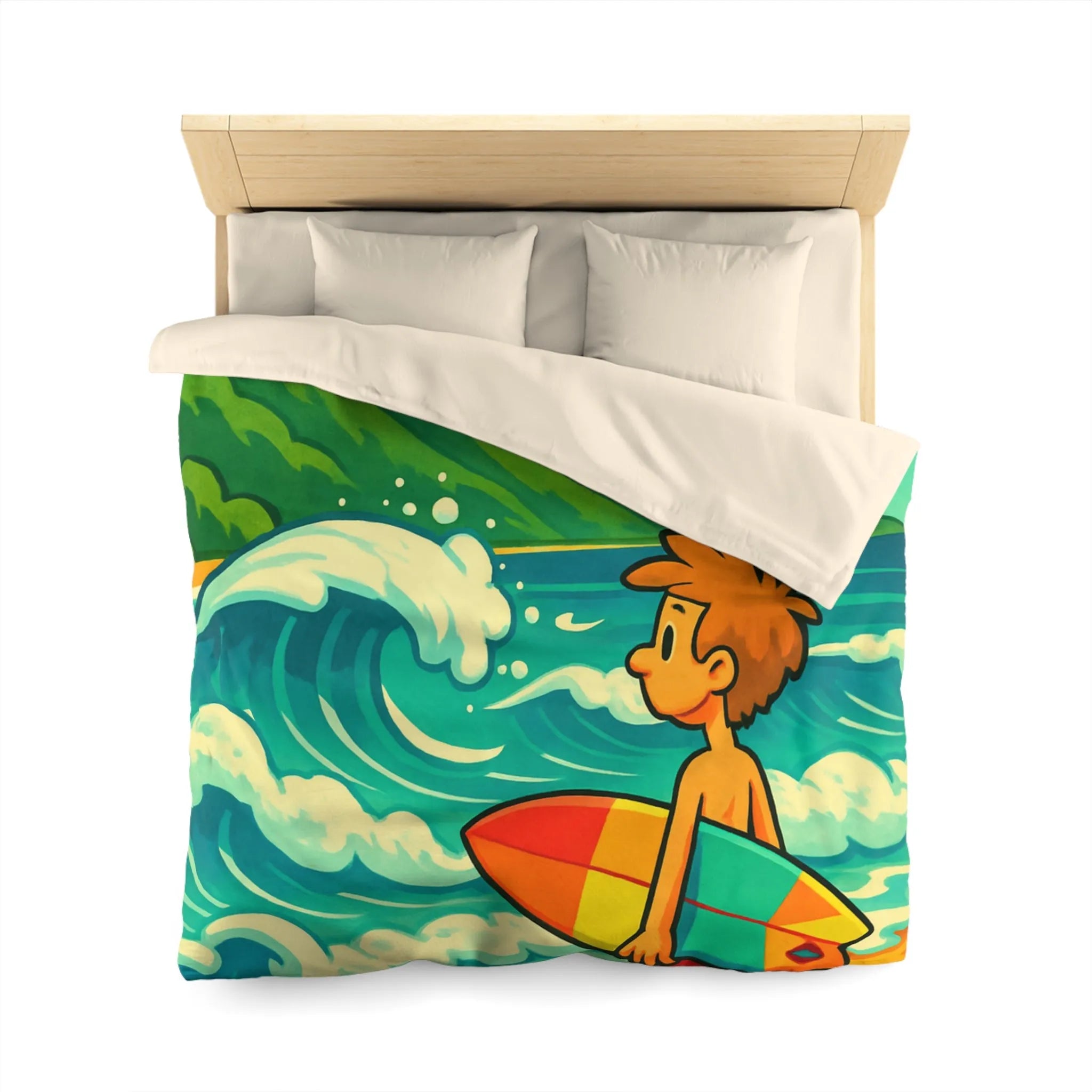 Housse de couette avec dessin coloré de plage pour enfants et surfeur
