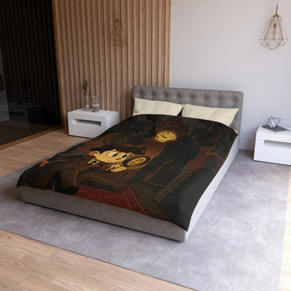 Housse de couette détective vintage avec horloge et silhouettes mystérieuses pour ambiance intrigante