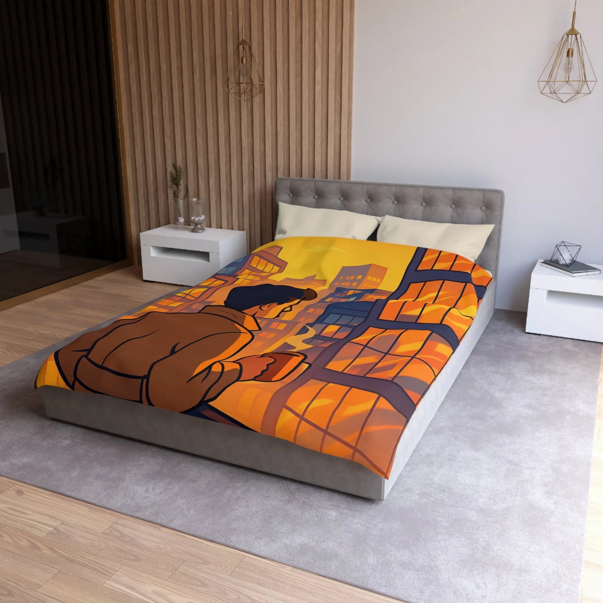 Housse de couette avec illustration urbaine au coucher de soleil et silhouette masculine