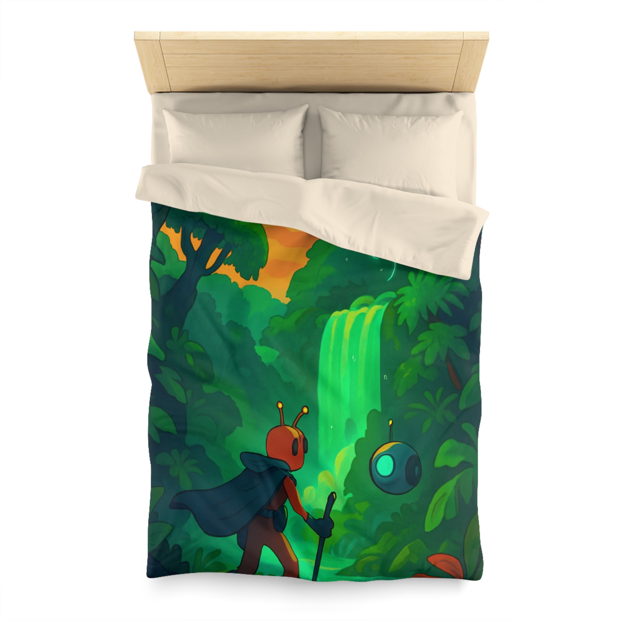 Housse de couette vibrante avec paysage extraterrestre mystérieux et personnage aventurier