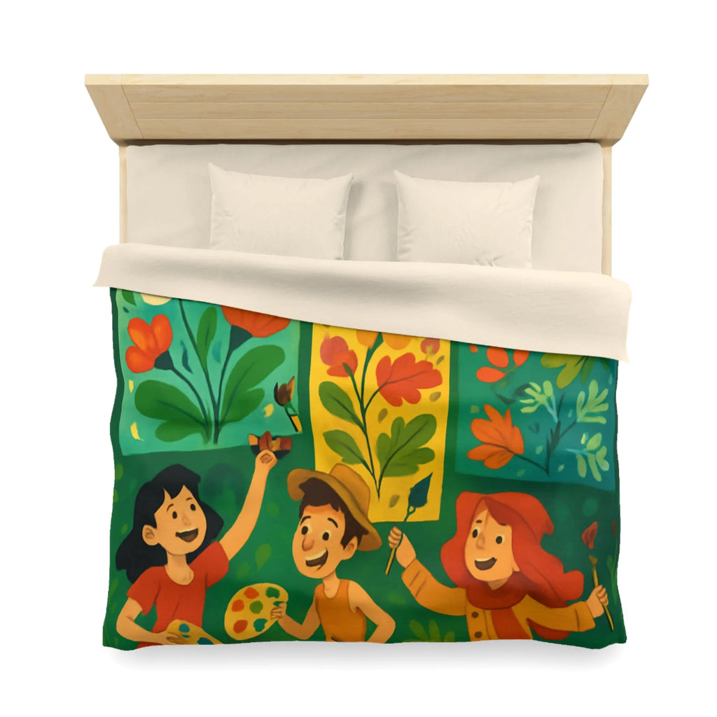 Housse de couette colorée avec design floral et personnages ludiques pour chambre joyeuse