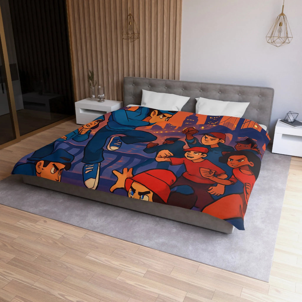 Housse de couette illustrée avec danseurs urbains dynamiques sur fond de pont illuminé