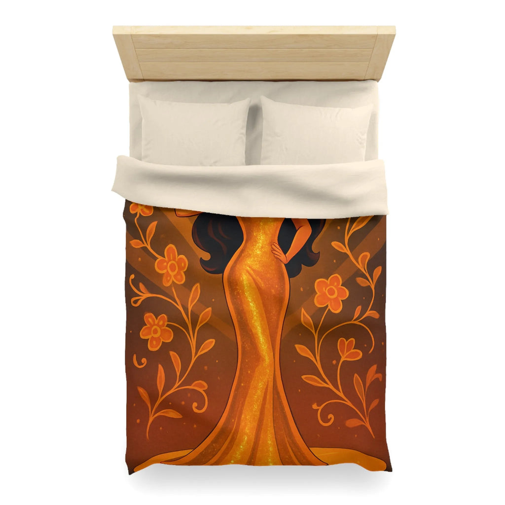 Élégante illustration de femme en robe dorée longue avec fleurs et effets lumineux