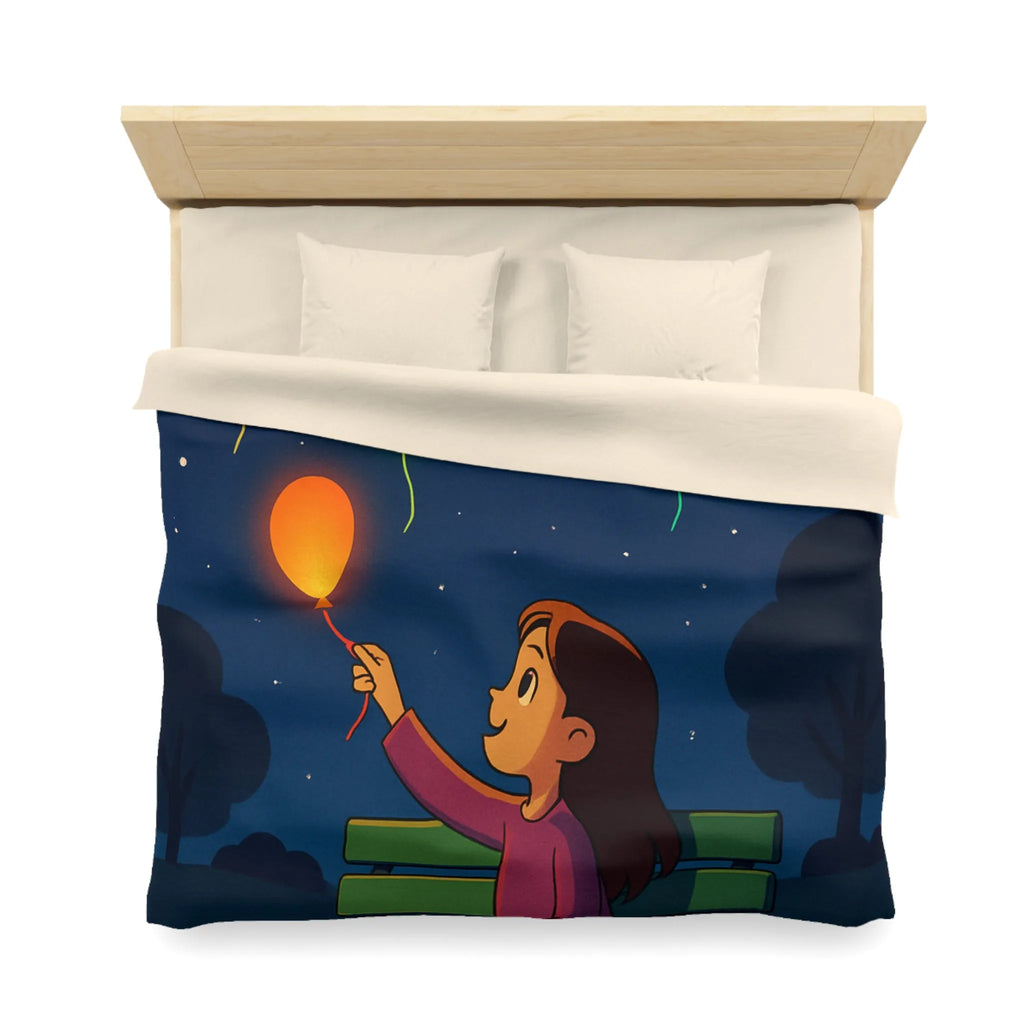 Housse de couette colorée avec ballons lumineux flottant dans un ciel étoilé magique