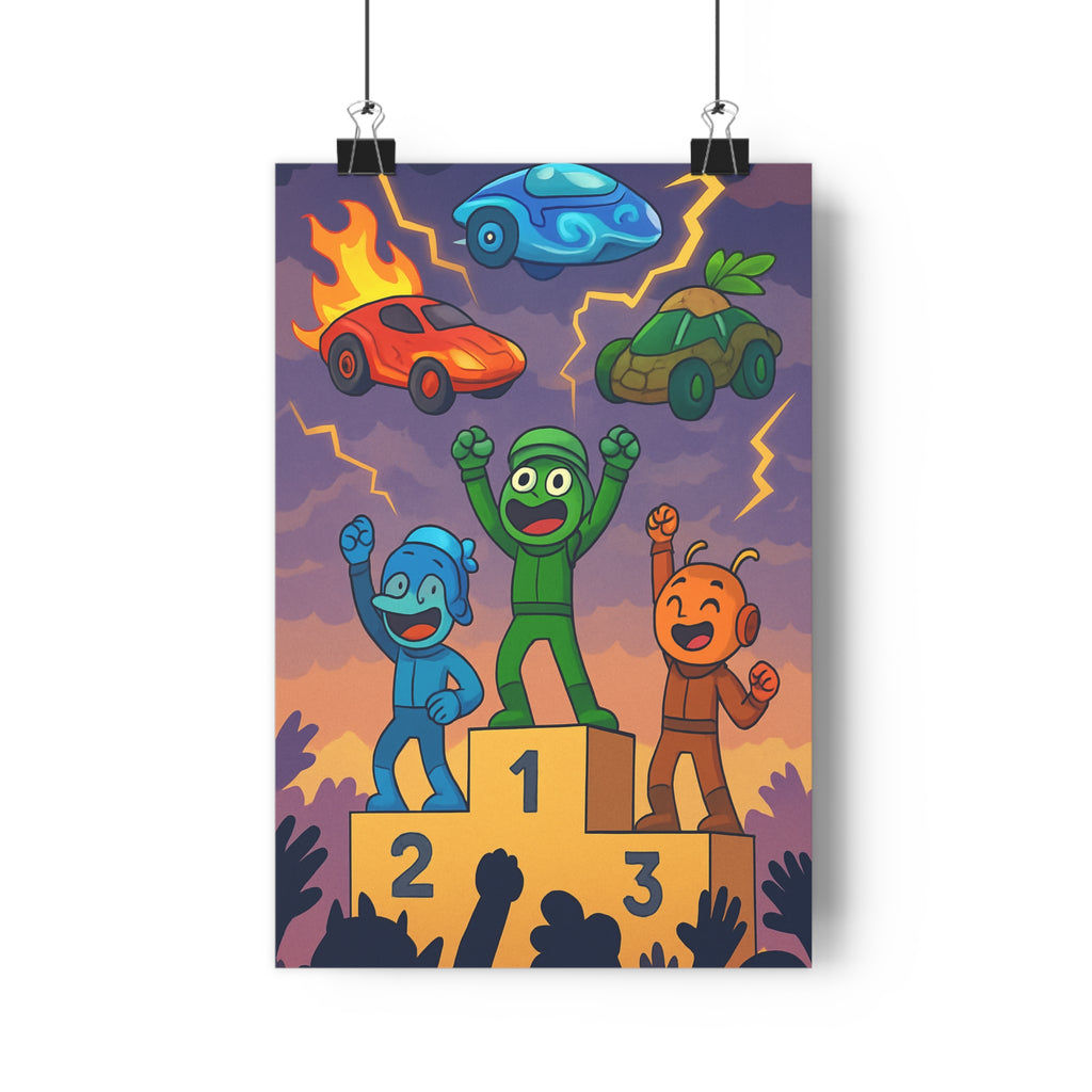Poster décoratif cartoon galactique podium course bleu vert orange salon enfant joyeux vibrant unique