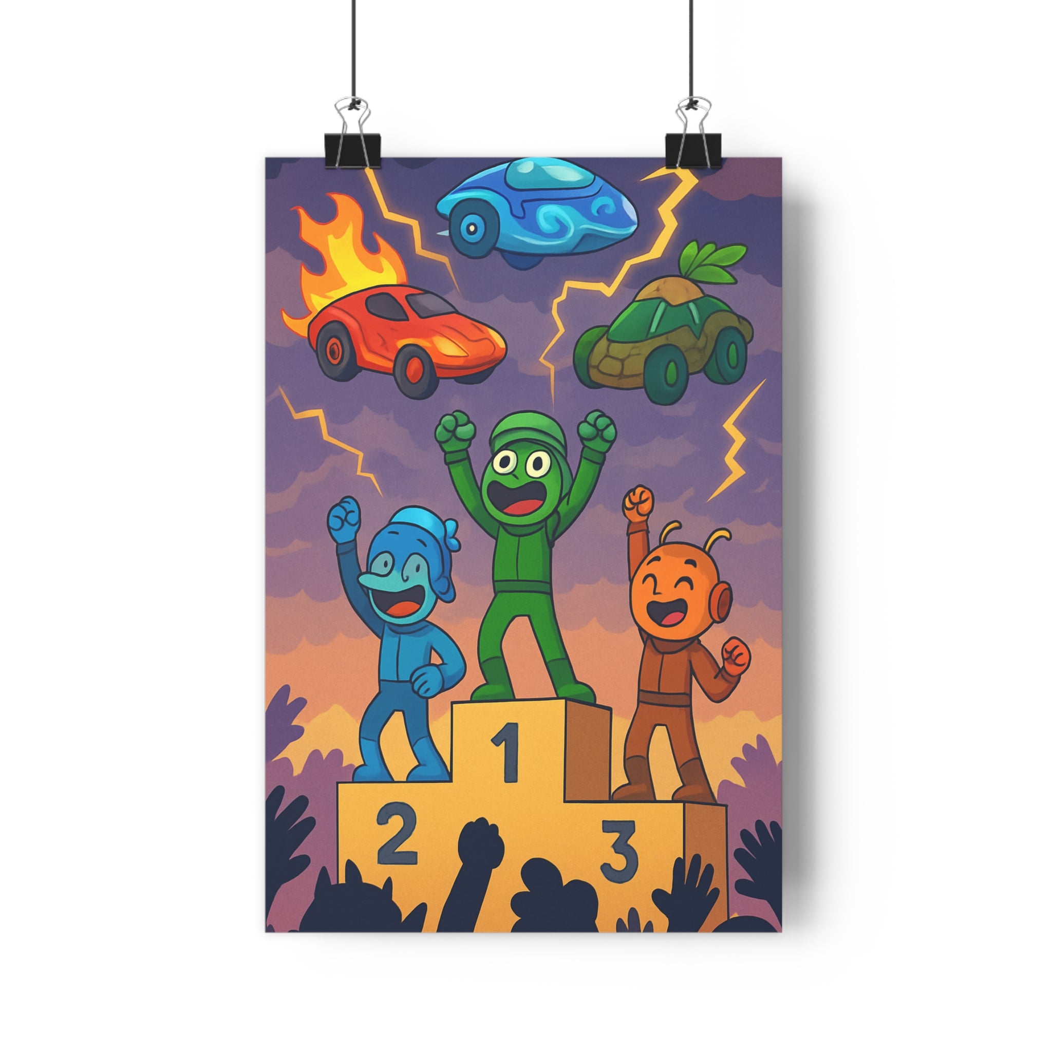 Poster décoratif cartoon galactique podium course bleu vert orange salon enfant joyeux vibrant unique