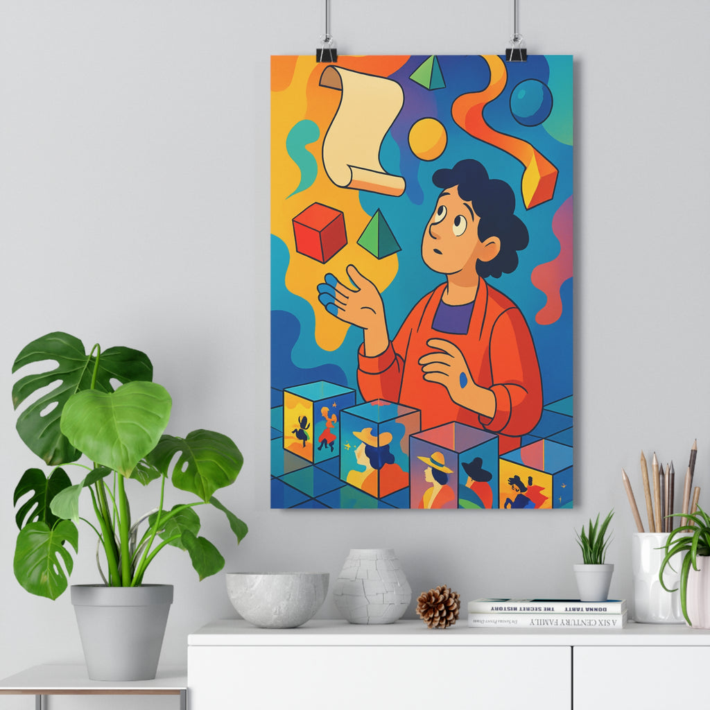 Poster décoratif moderne couleurs vives bleu orange jaune surréalisme géométrique salon chambre bureau tendance