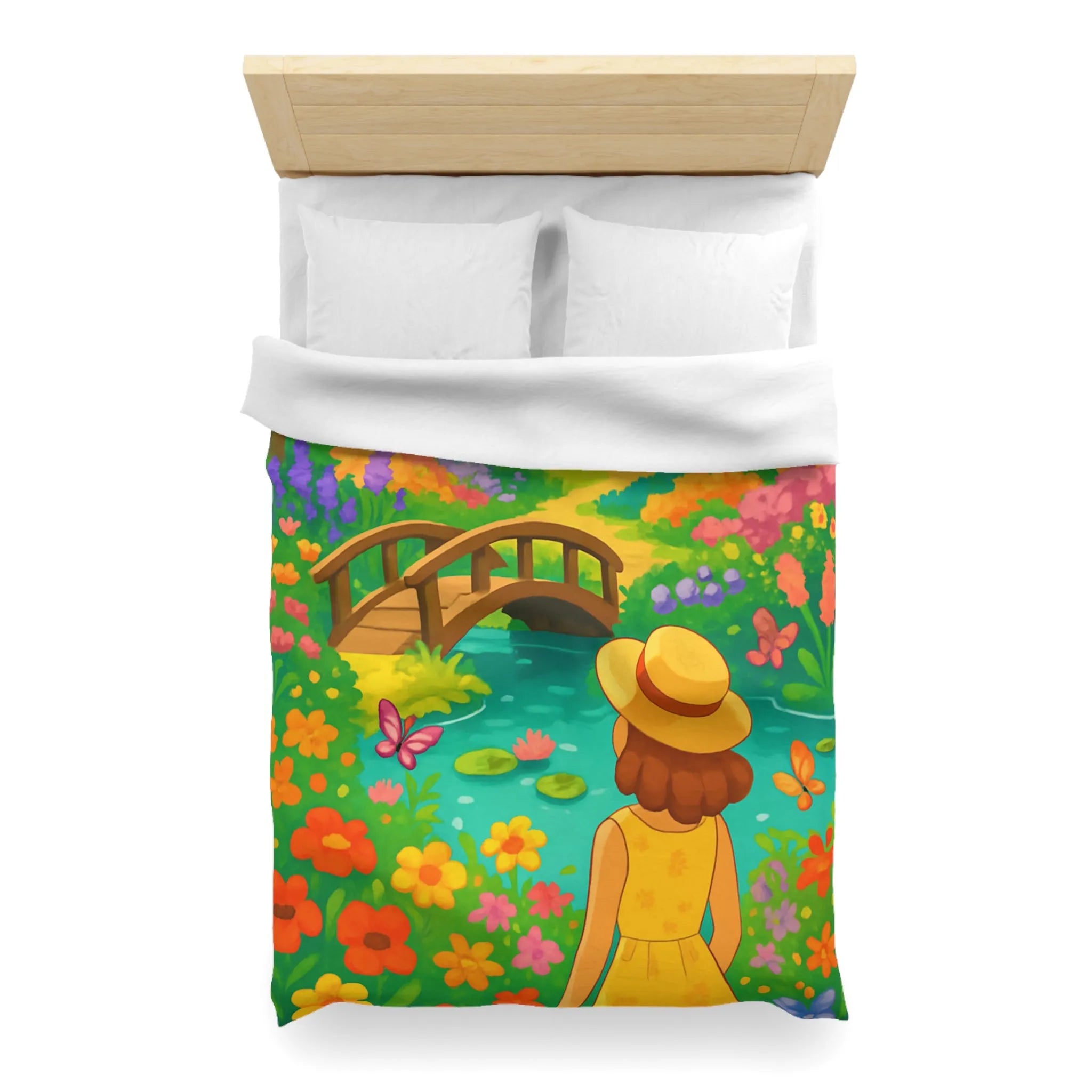 Housse de Couette Jardin Enchanté avec Pont et Papillons, Motif Vif et Coloré