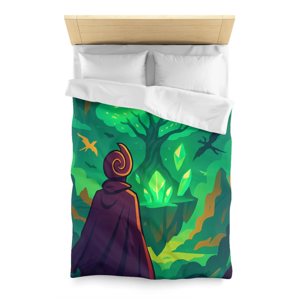 Housse de couette magique avec arbre brillant flottant, créatures volantes et paysages féeriques