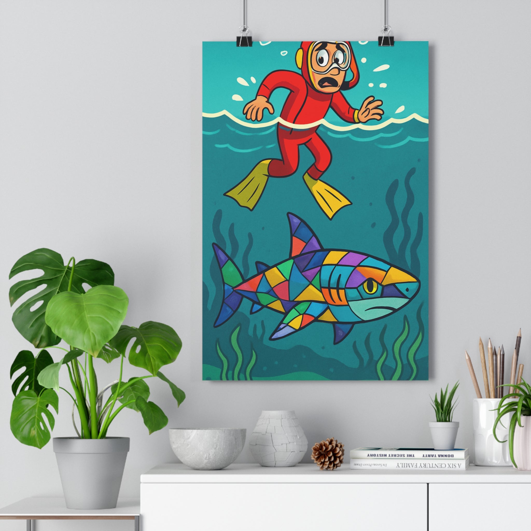 Poster décoratif moderne rouge graphique requin dynamique ludique intérieur chambre salon 30x46 design contemporain