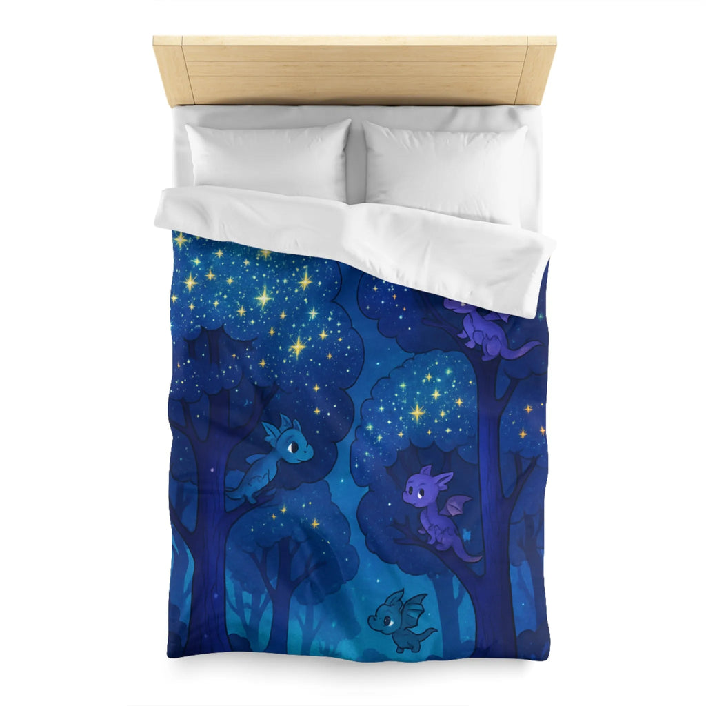 Housse de couette forêt nocturne enchantée avec dragons colorés et ciel étoilé