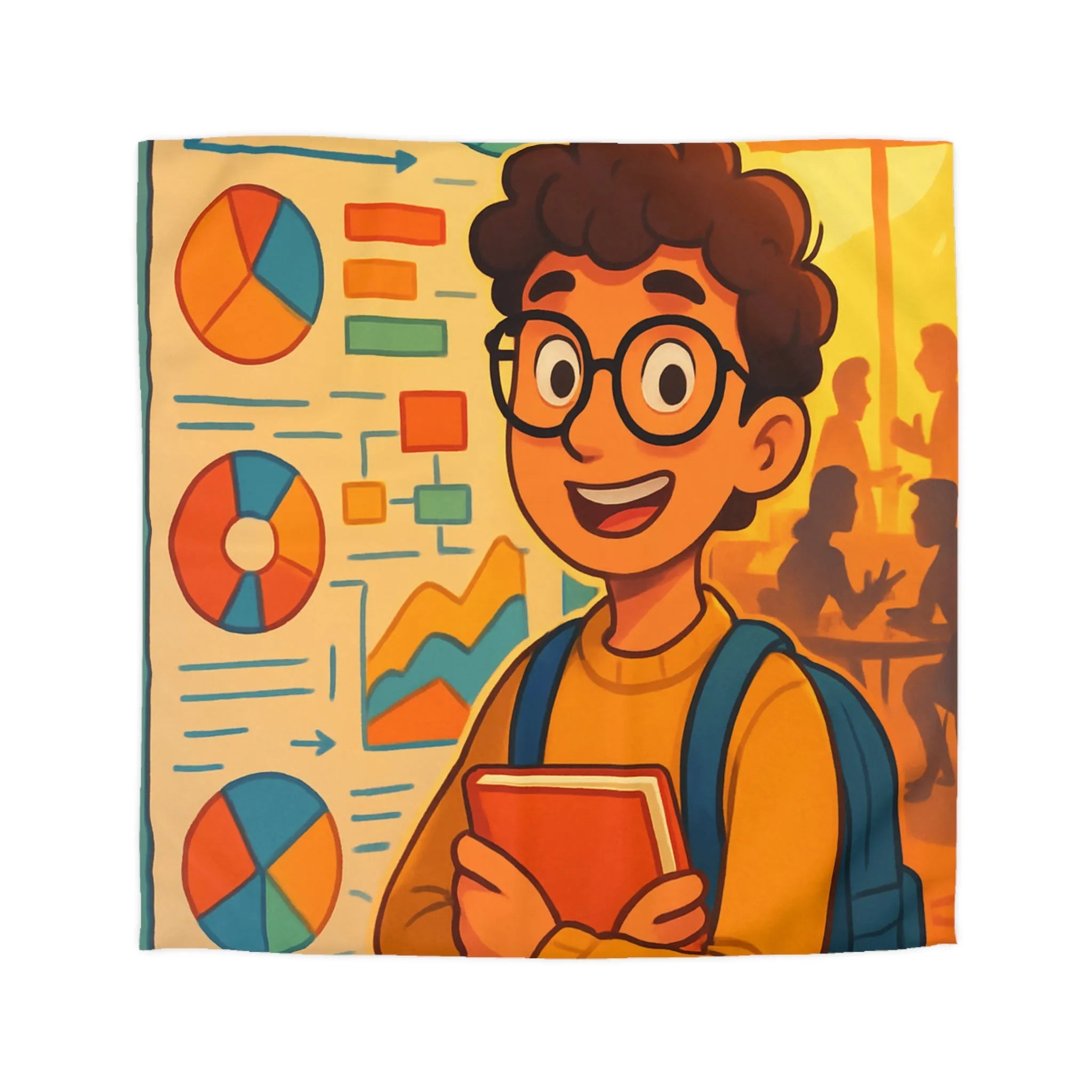 Housse de couette avec motif graphique coloré et personnage étudiant portant lunettes