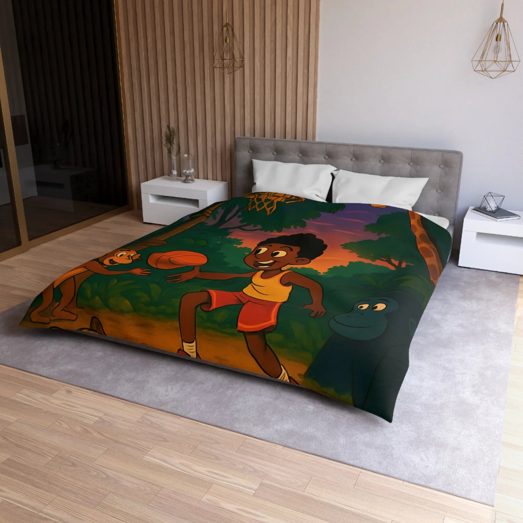 Housse de couette enfant jungle colorée avec garçon jouant au basket et animaux amusants