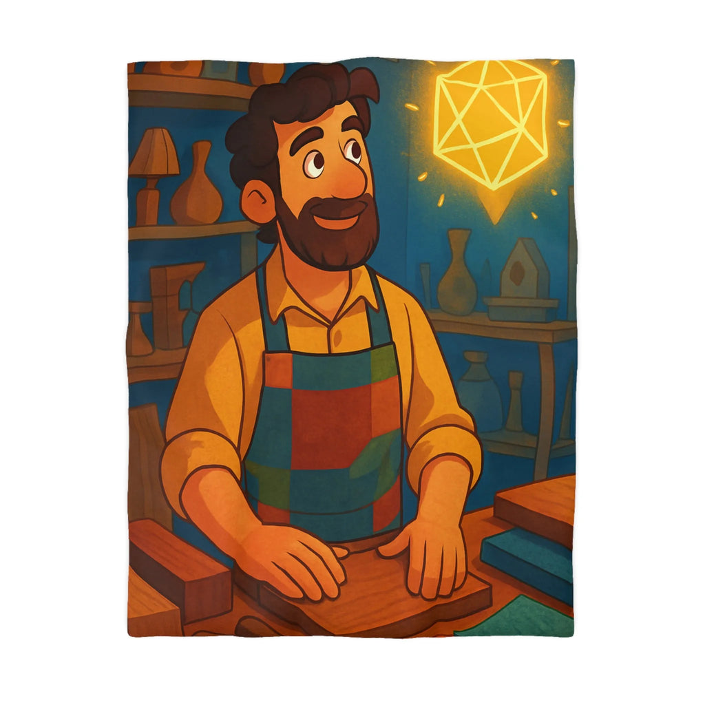 Artisan souriant dans atelier vibrant avec formes géométriques lumineuses pour belle décoration