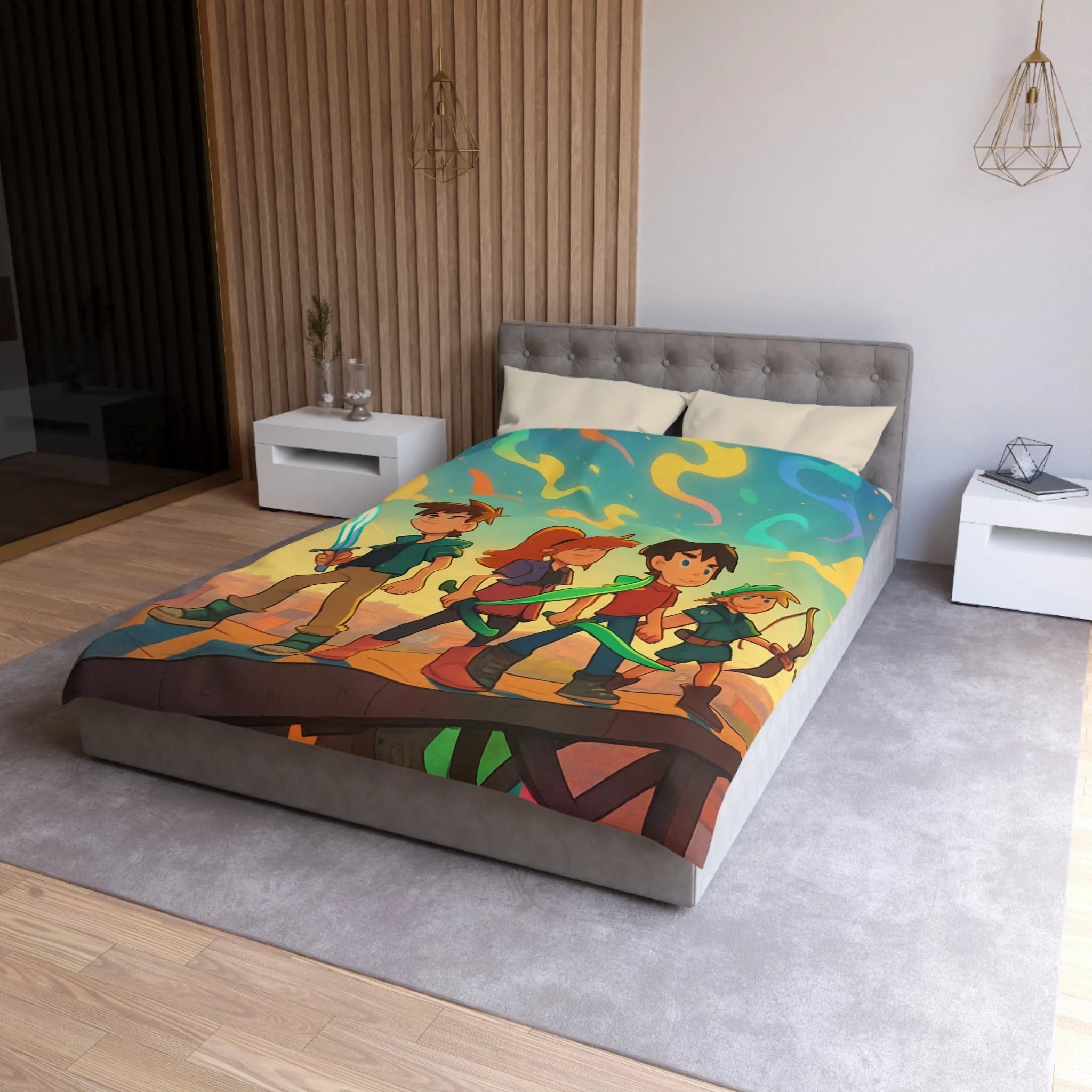 Housse de couette colorée avec quatre héros et ciel étoilé multicolore