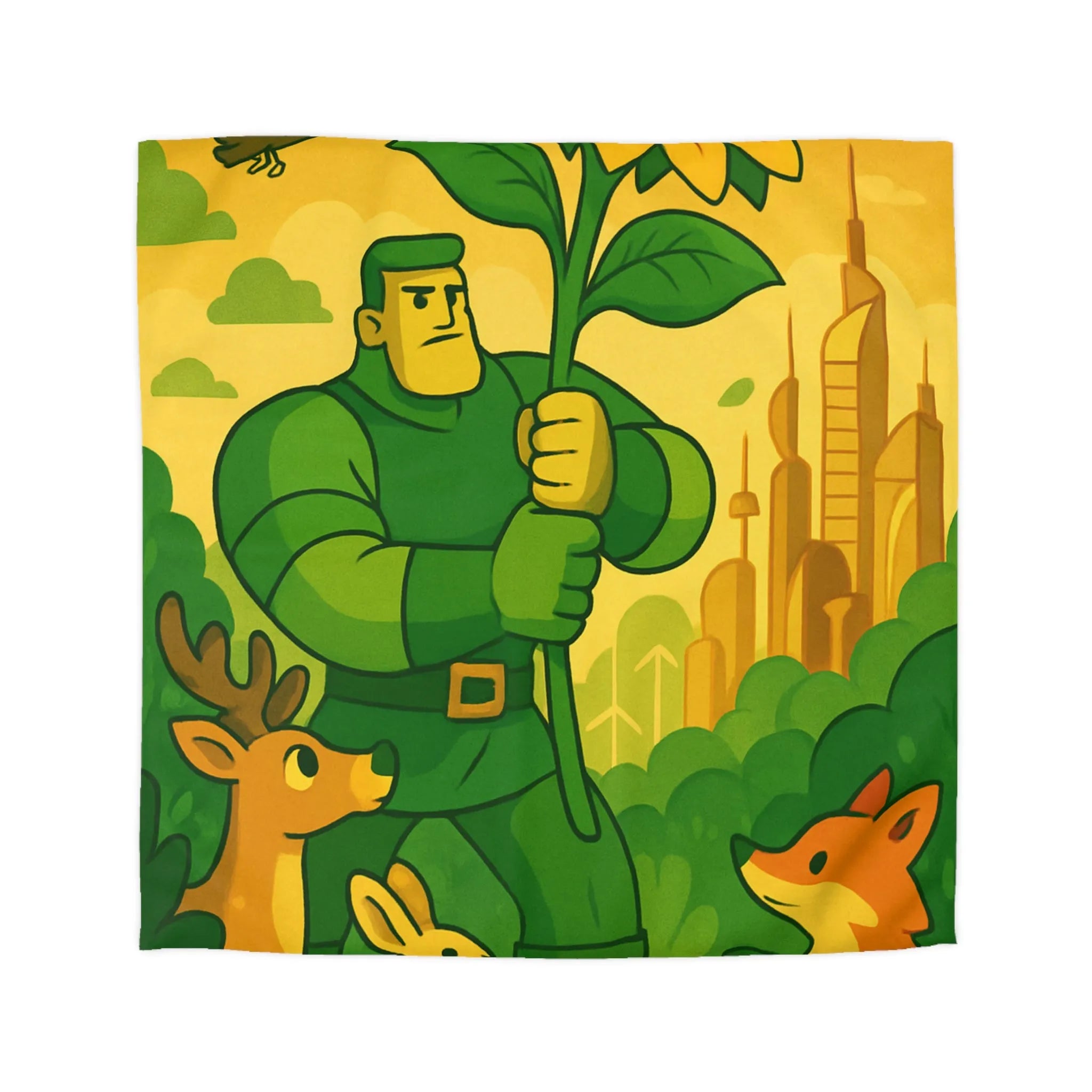 Housse de couette avec illustration végétale et animaux dans une ambiance futuriste naturelle