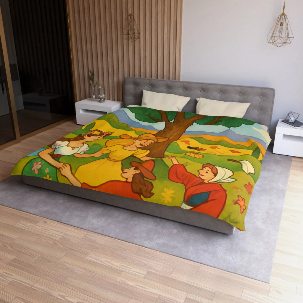 Housse de couette champêtre aux motifs de danseuses rondes et paysage bucolique coloré