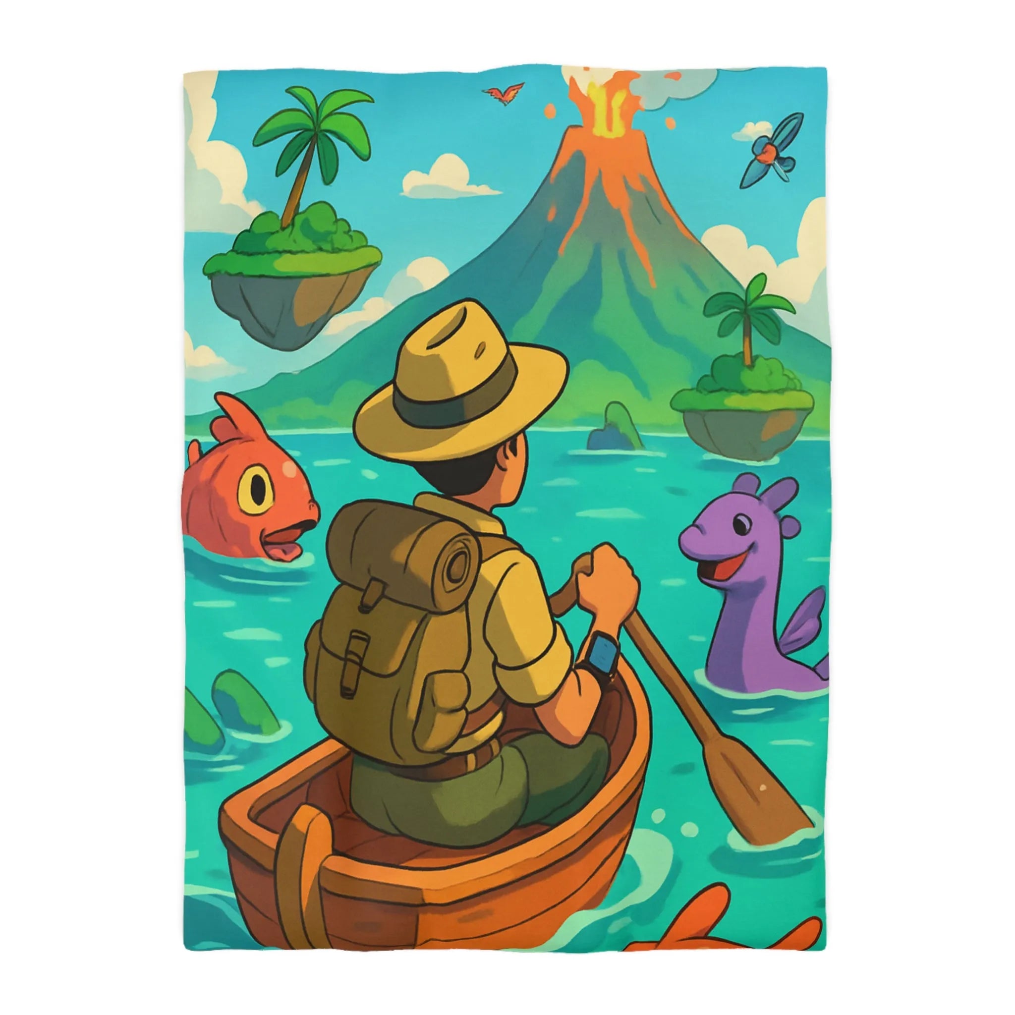 Housse de couette île volcanique exotique avec aventurier et créatures marines colorées