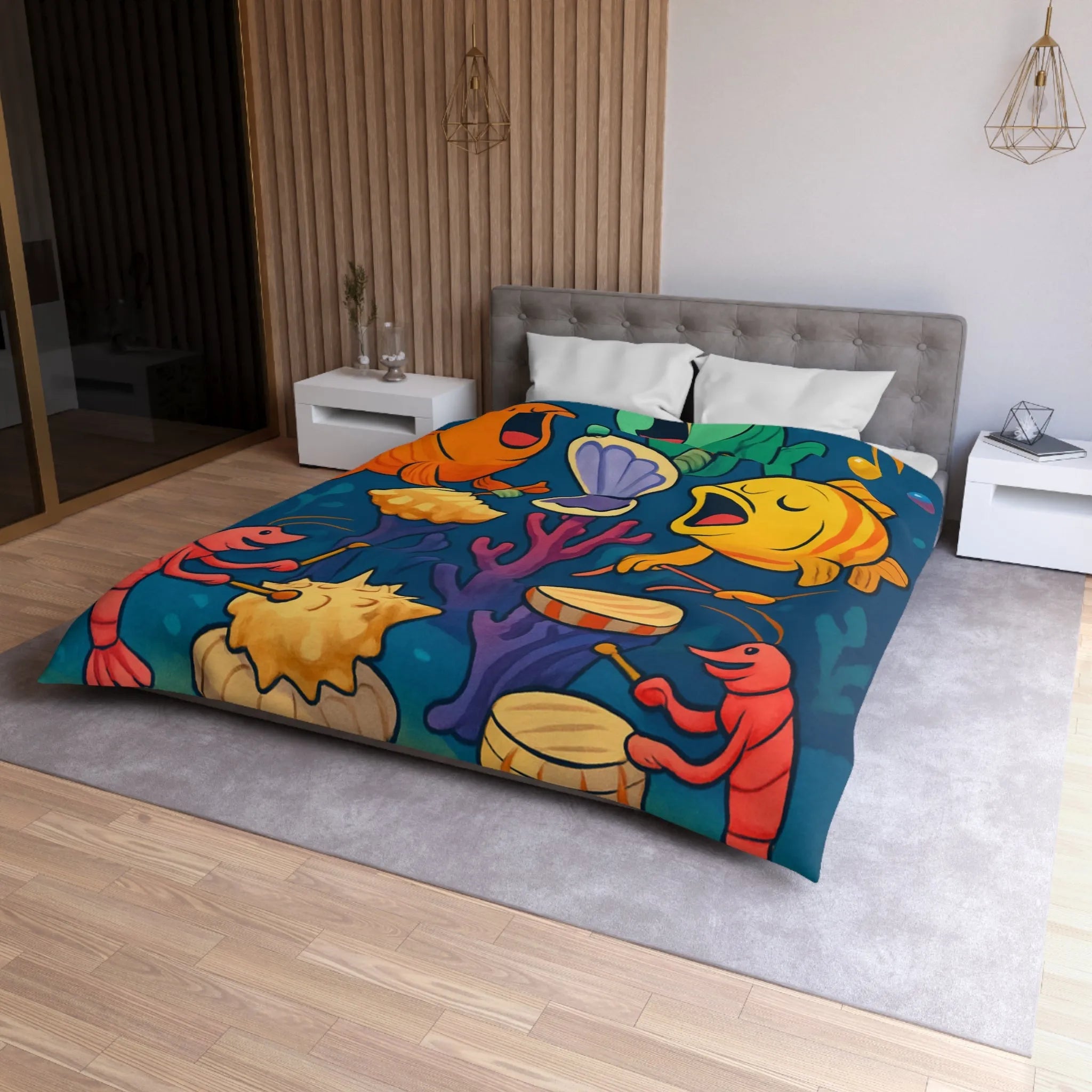 Housse de couette illustration colorée avec poissons chantants et crustacés musicaux sous l'océan