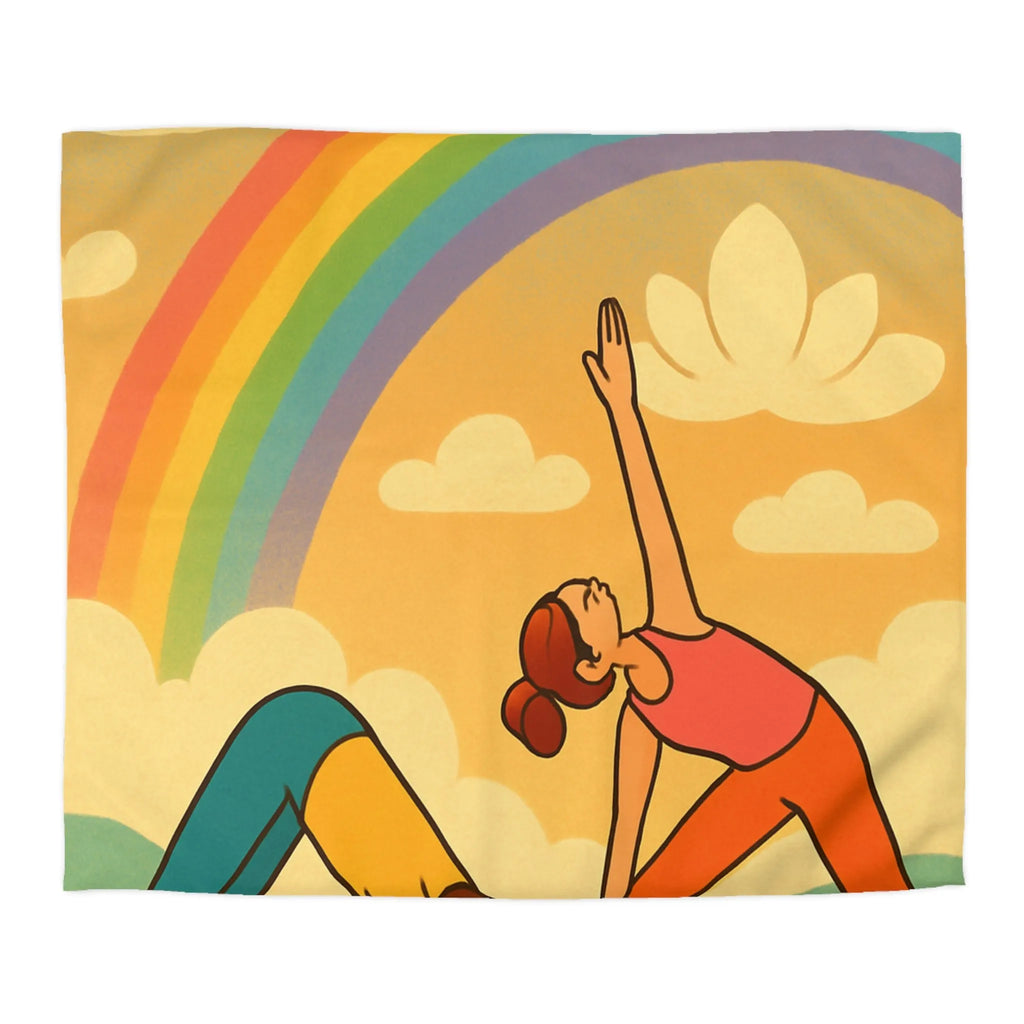 Housse De Couette Enfant Avec Arc-en-Ciel Coloré Et Personnages Pratiquant Le Yoga Énergique