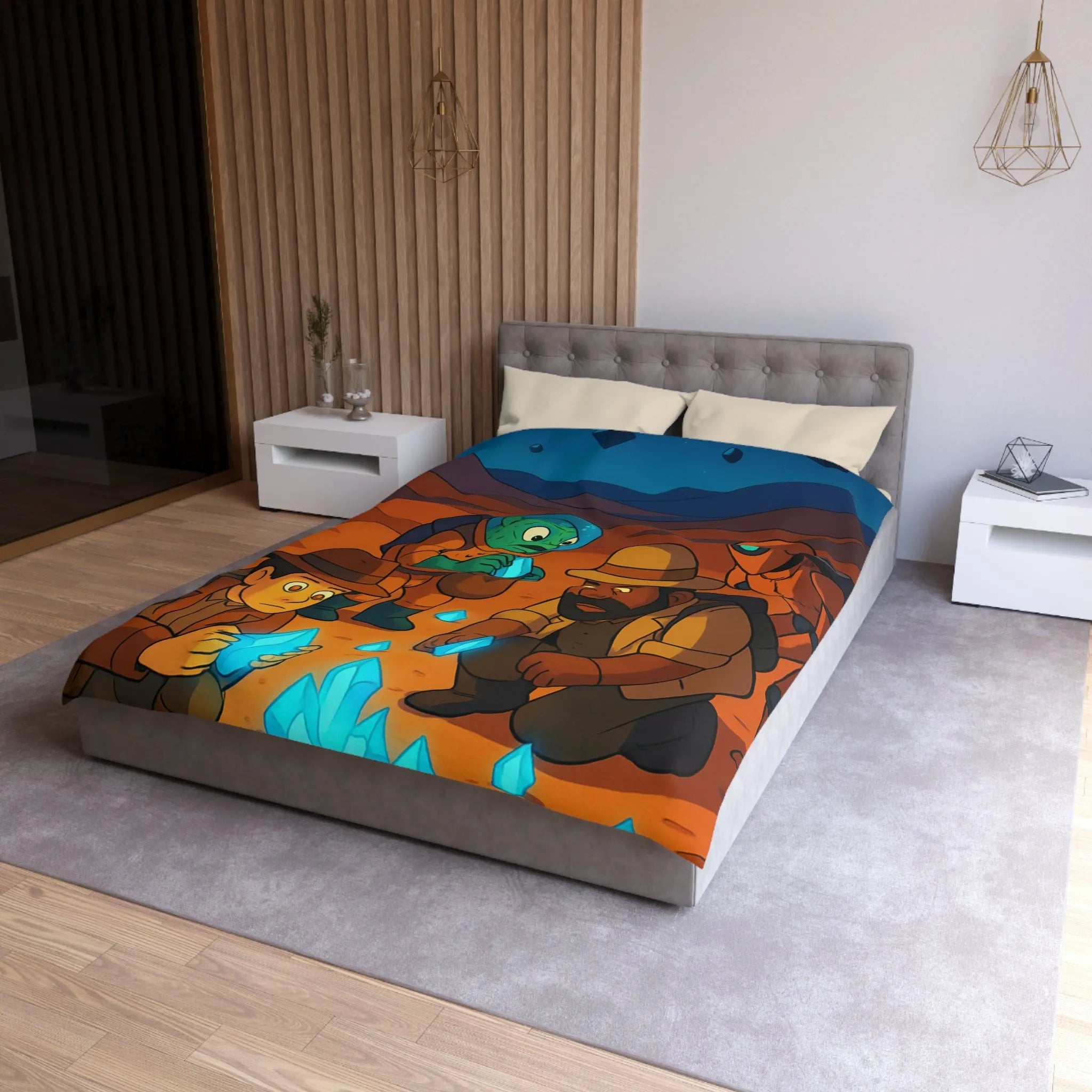 Exploration fascinante de cristaux mystérieux sur une planète désertique avec aventuriers et robot