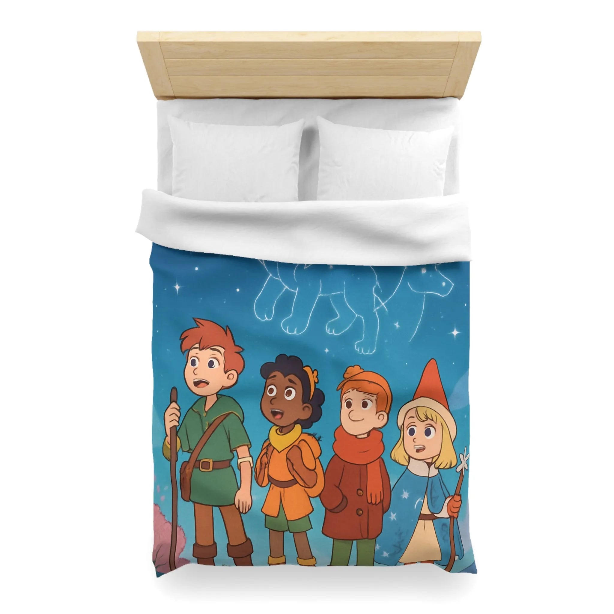 Housse de couette colorée avec enfants aventuriers et constellations nuit étoilée