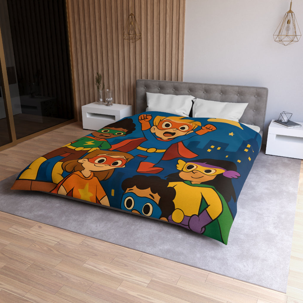 Super-héros Enfants Volant Nuit Ciel Étoilé Ville Amis Confiants Housse de Couette Colorée
