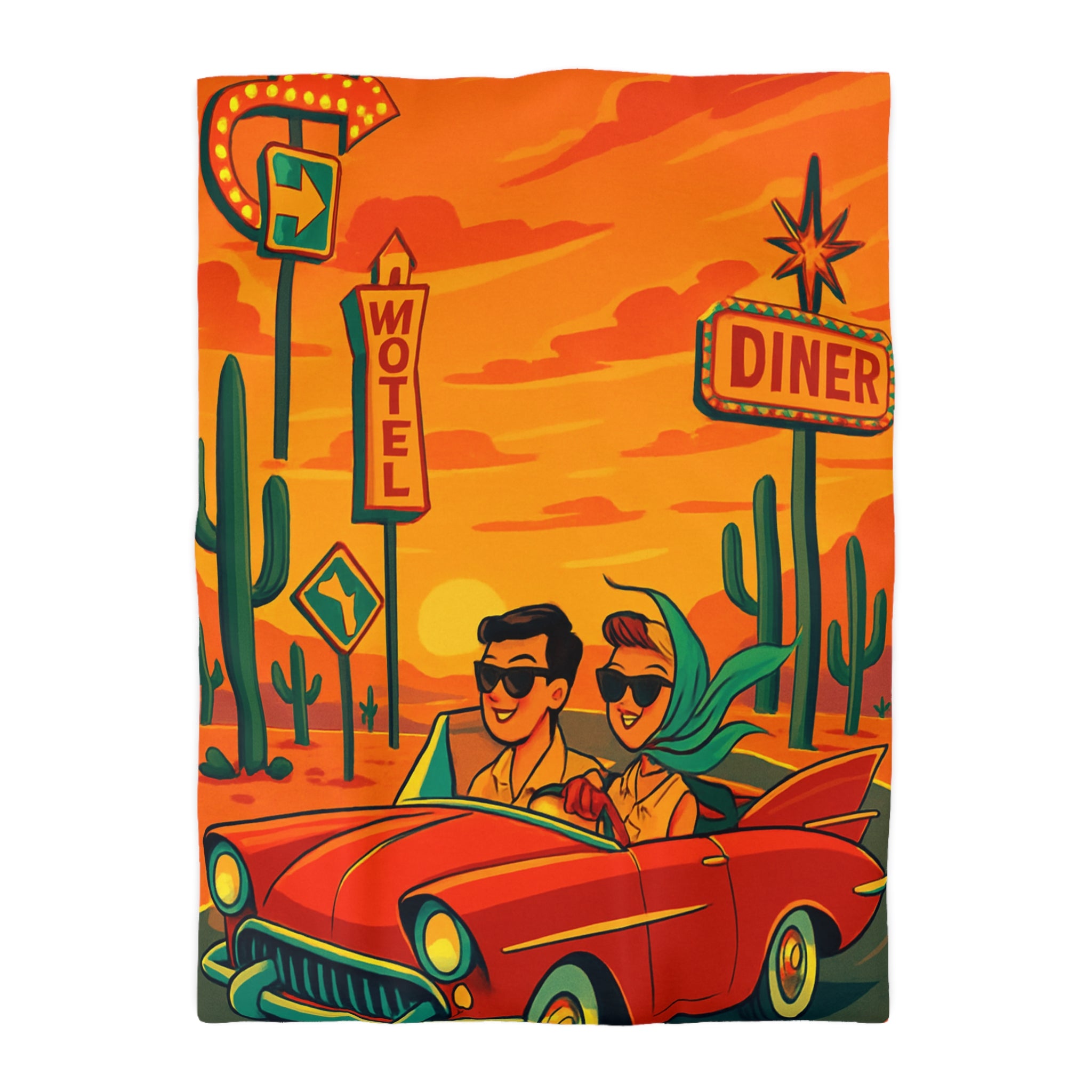 Housse de couette vintage rétro avec voiture rouge et paysages désertiques colorés