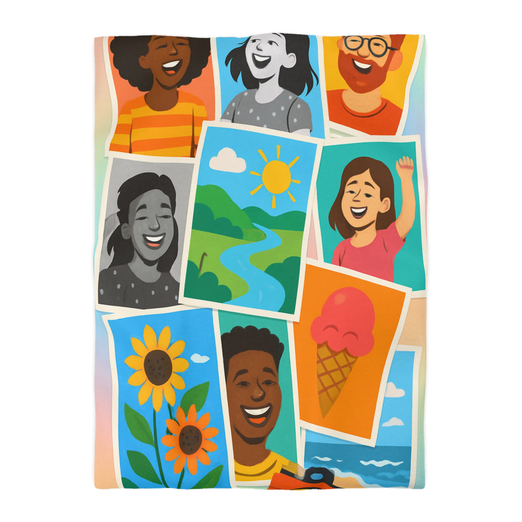 Vibrante housse de couette colorée avec portraits joyeux et paysages ensoleillés pour chambre