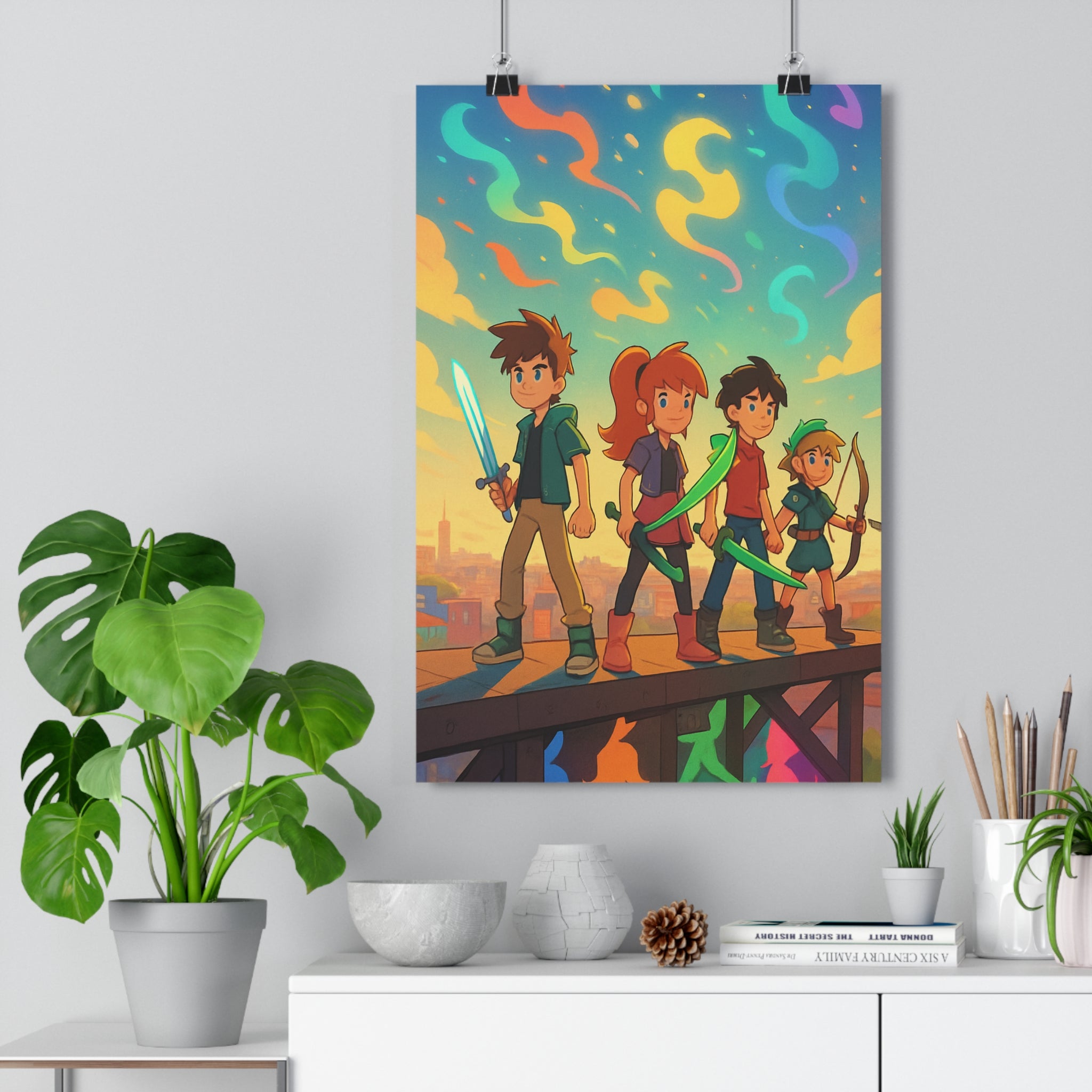 Poster décoratif animé pastel vibrant aventure épée lumineuse arc salon chambre coloré unique qualité