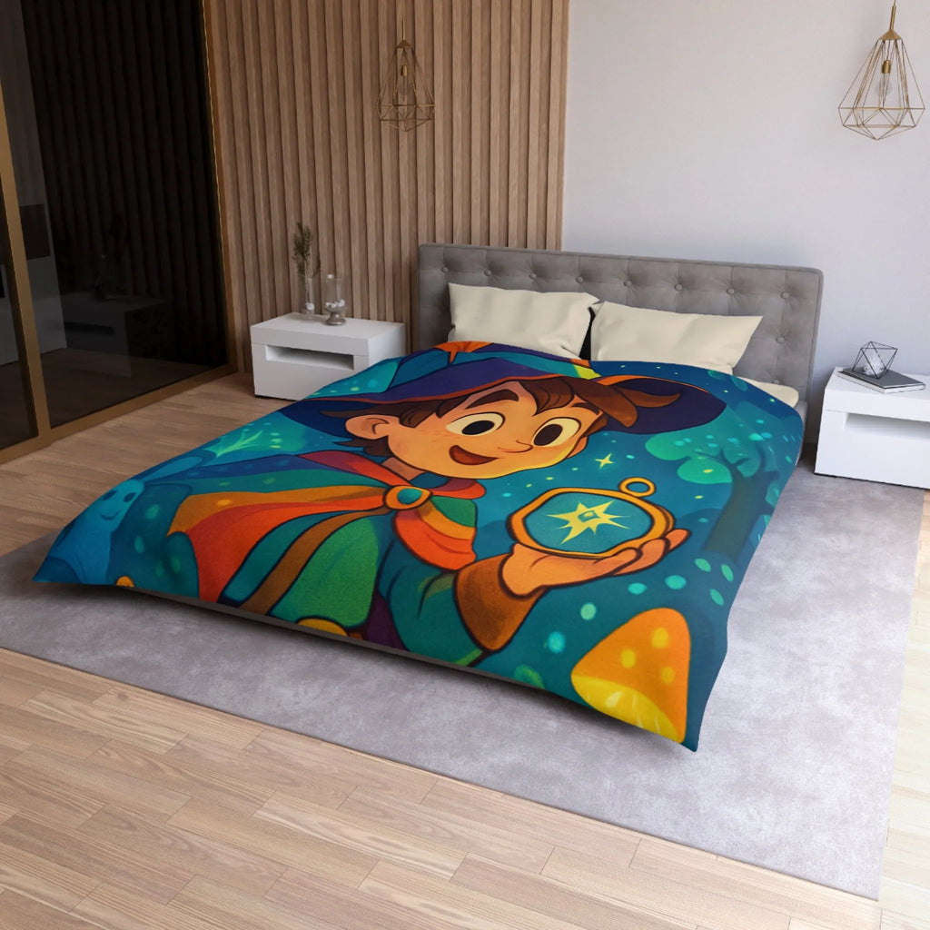 Housse de Couette Enfant Fantasy avec Sorcier et Dragon dans Forêt Enchantée Étoilée