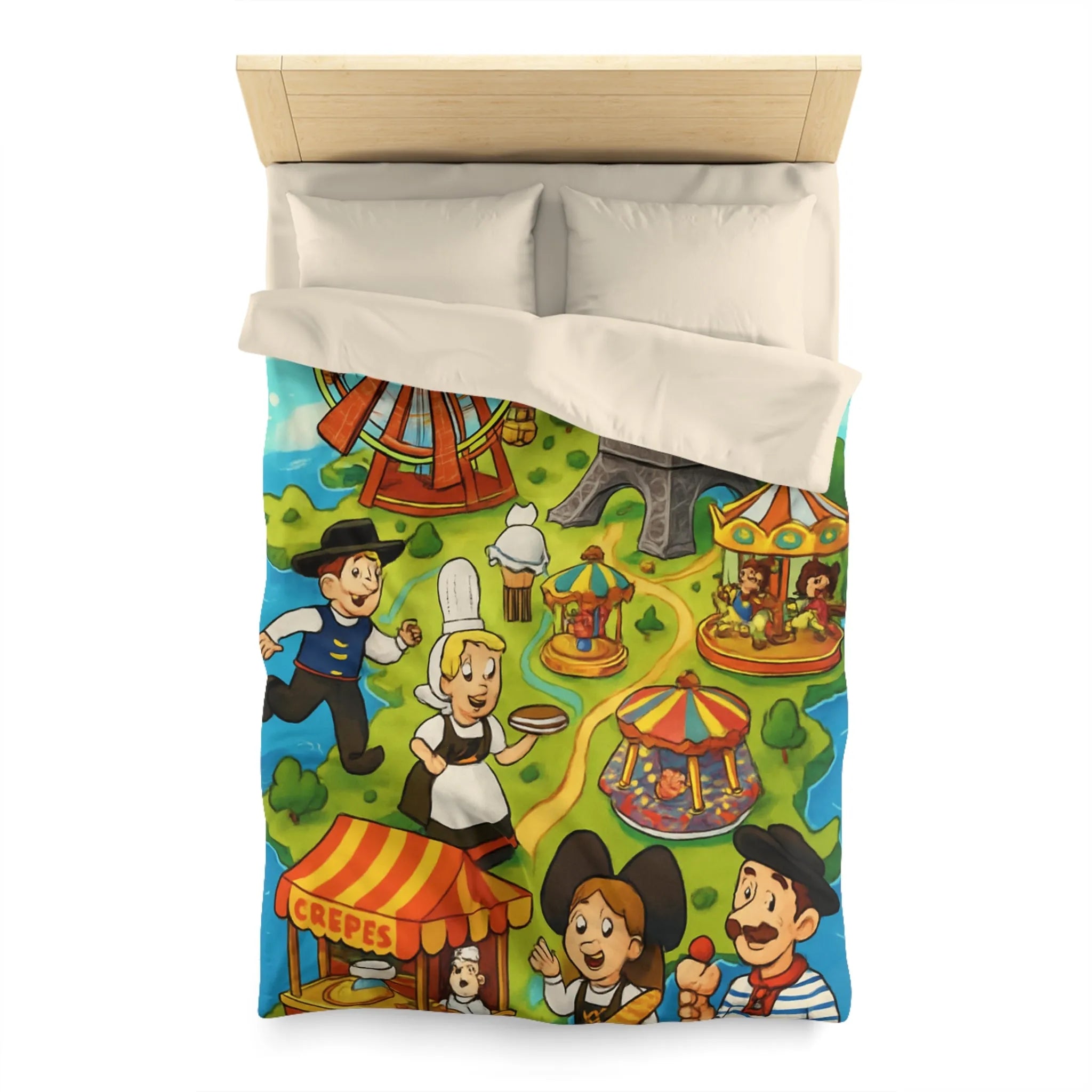 Housse de couette illustrant l'amusement et la culture française dans un parc coloré