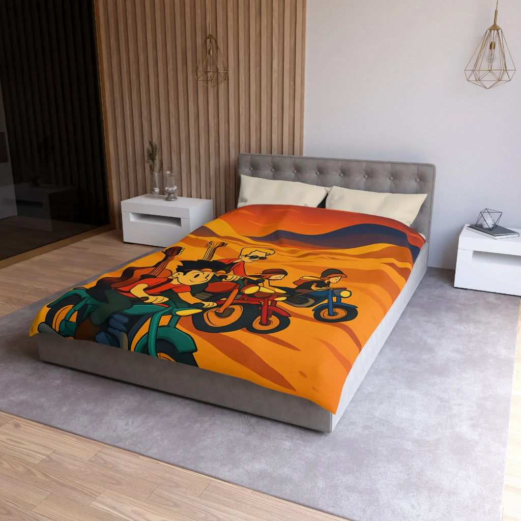 Housse de couette avec aventuriers à moto dans désert vibrant pour chambre unique