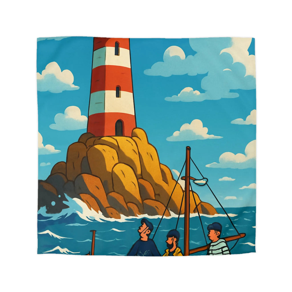 Housse de couette maritime avec phare, bateau et équipage sur mer agitée