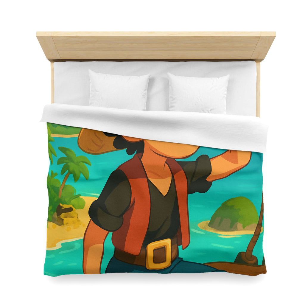 Housse de couette tropicale enfant avec pirate aventurier sur fond d'île paradisiaque