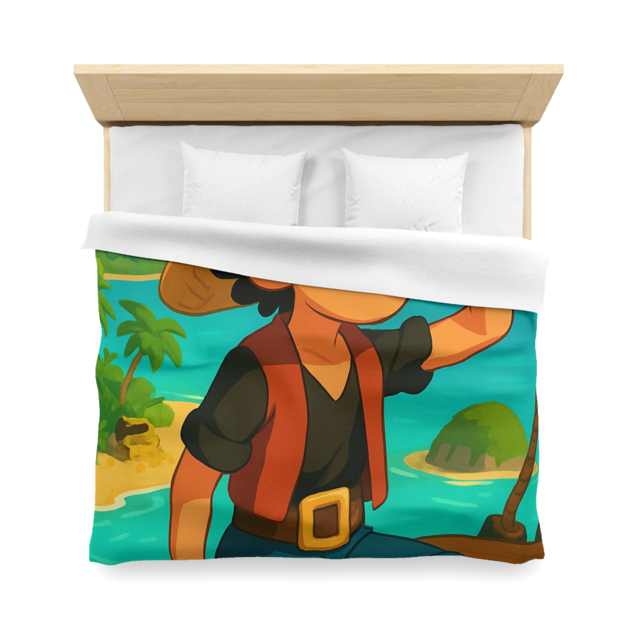 Housse de couette tropicale enfant avec pirate aventurier sur fond d'île paradisiaque