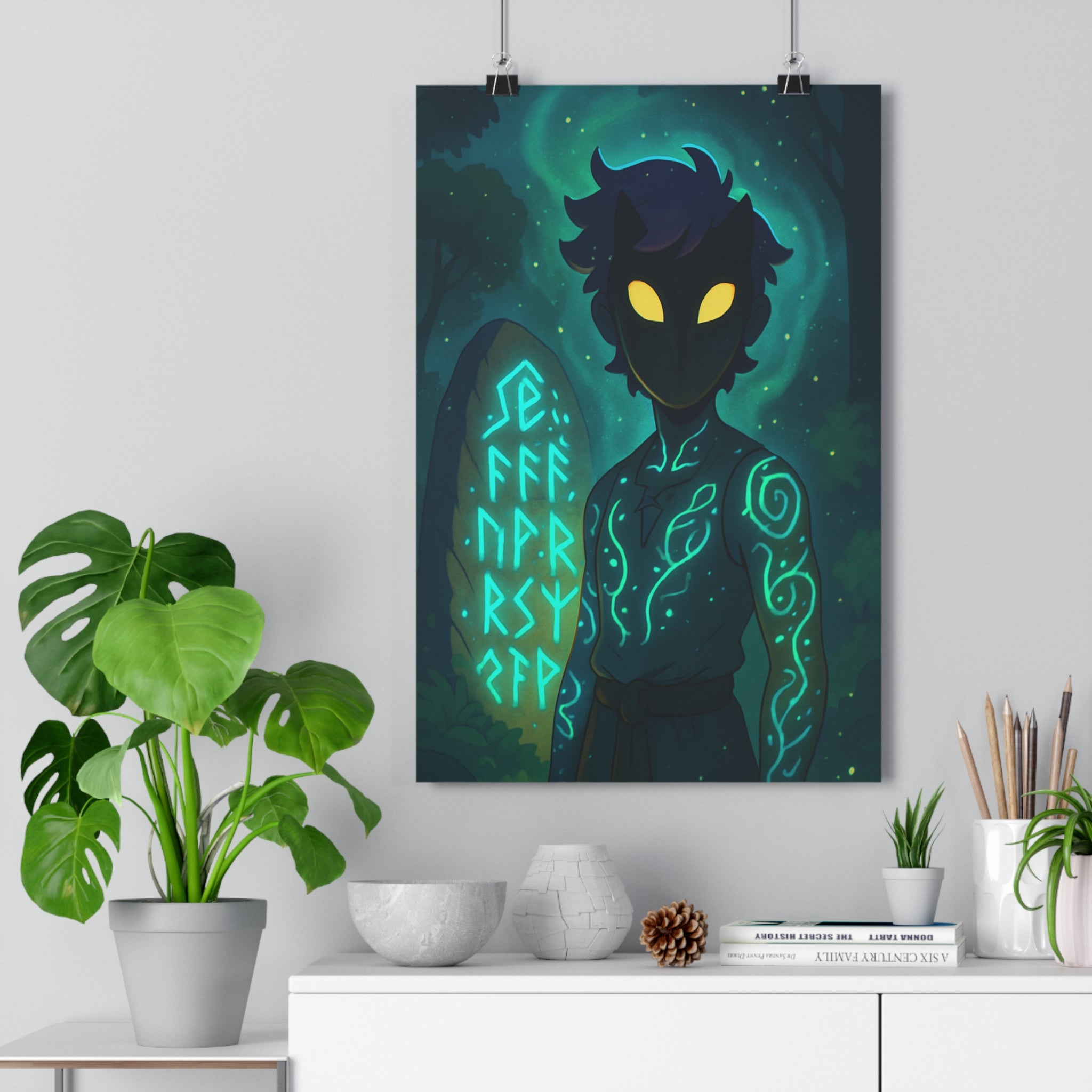 Poster décoratif mystique dessin animé bleu vert salon chambre ambiance magique mystérieux enchanté unique