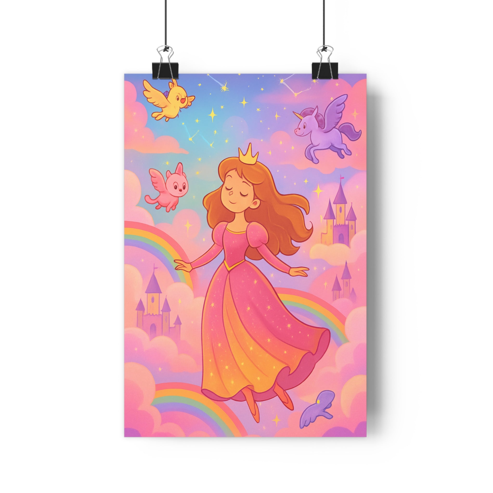 Poster décoratif féerique pastel princesse châteaux nuages créatures magiques enfant chambre cartoon ambiance qualité