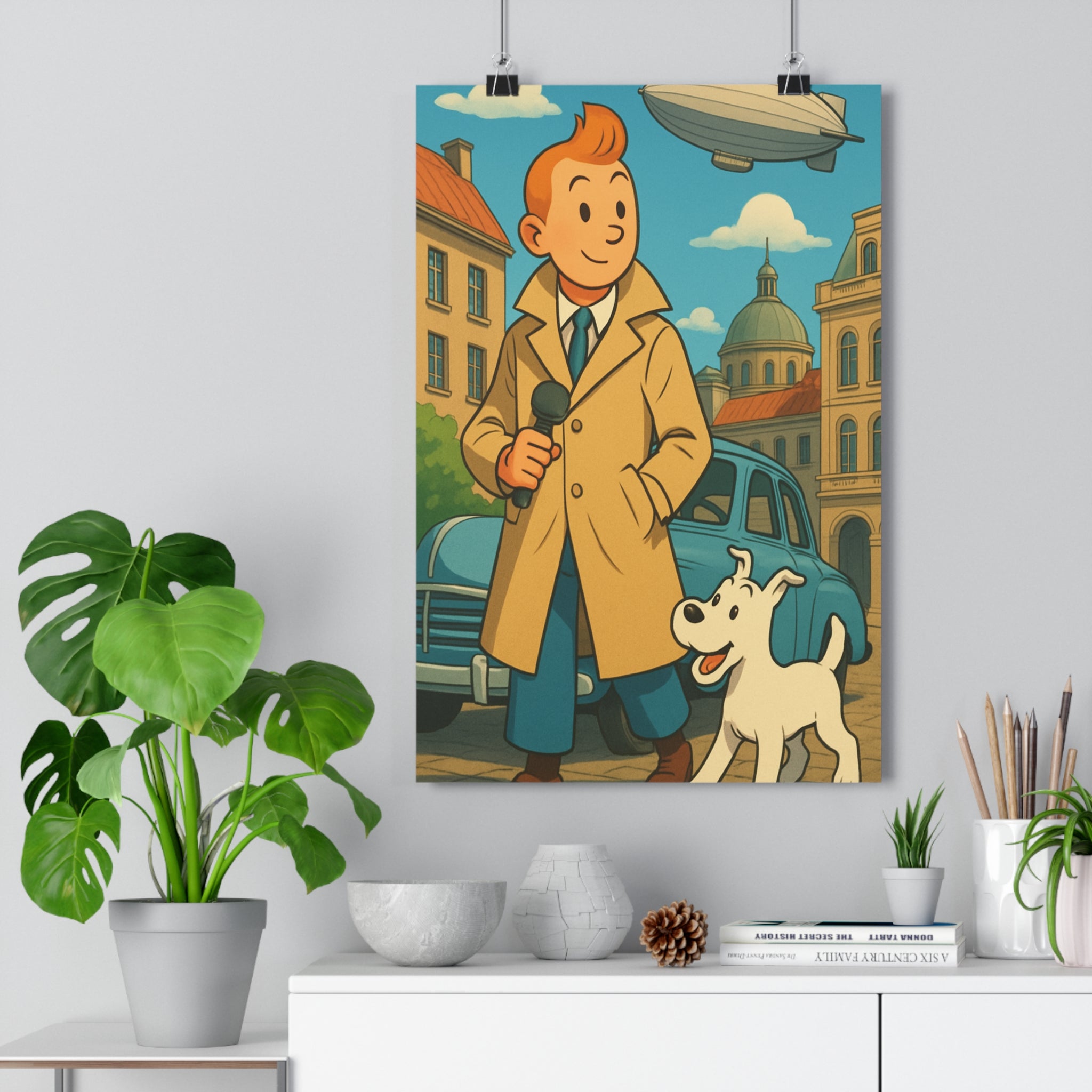 Poster décoratif rétro vintage aventure bleu blanc salon chambre joyeux nostalgique urbain chien voiture