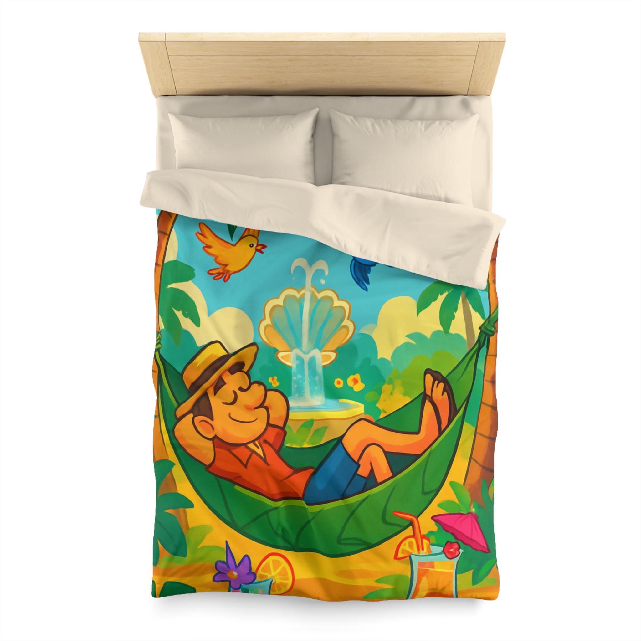 Housse de Couette Tropicale Colorée avec Oiseaux et Hamac pour Décoration Joyeuse