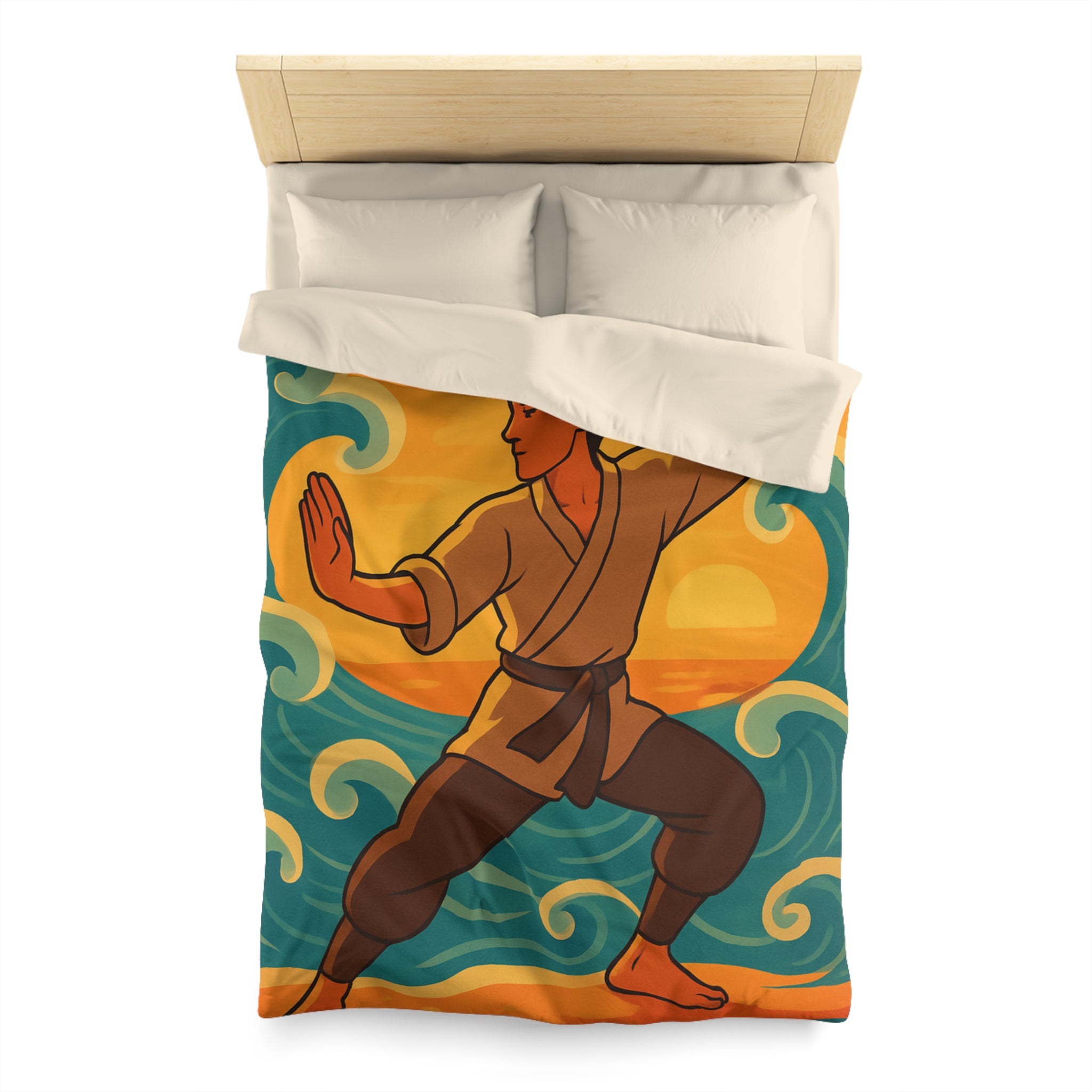 Housse de Couette Style Japonais Art Martial Coucher de Soleil et Océan Bleu