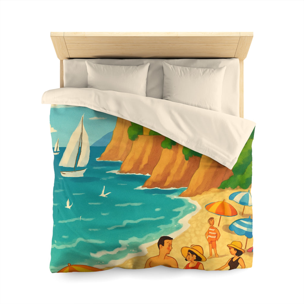 Housse de couette plage méditerranéenne avec paysages colorés et vacanciers ensoleillés