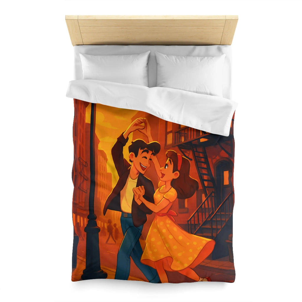 Danse romantique rétro sous réverbère vintage, ambiance urbaine crépusculaire charmante et nostalgique